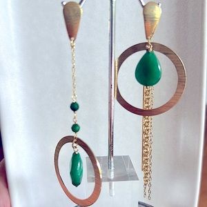 Gold & Green Faceted Stone Hoop & Chain Chandelier Earrings - NWT